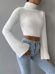 Fluffy Knit Turtleneck Bell Sleeve Cropped Sweater OutfitFlow
