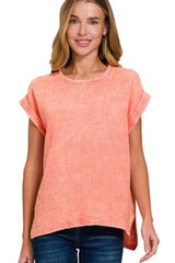 Zenana Woven Double Gauze Acid Washed Short Sleeve Top OutfitFlow
