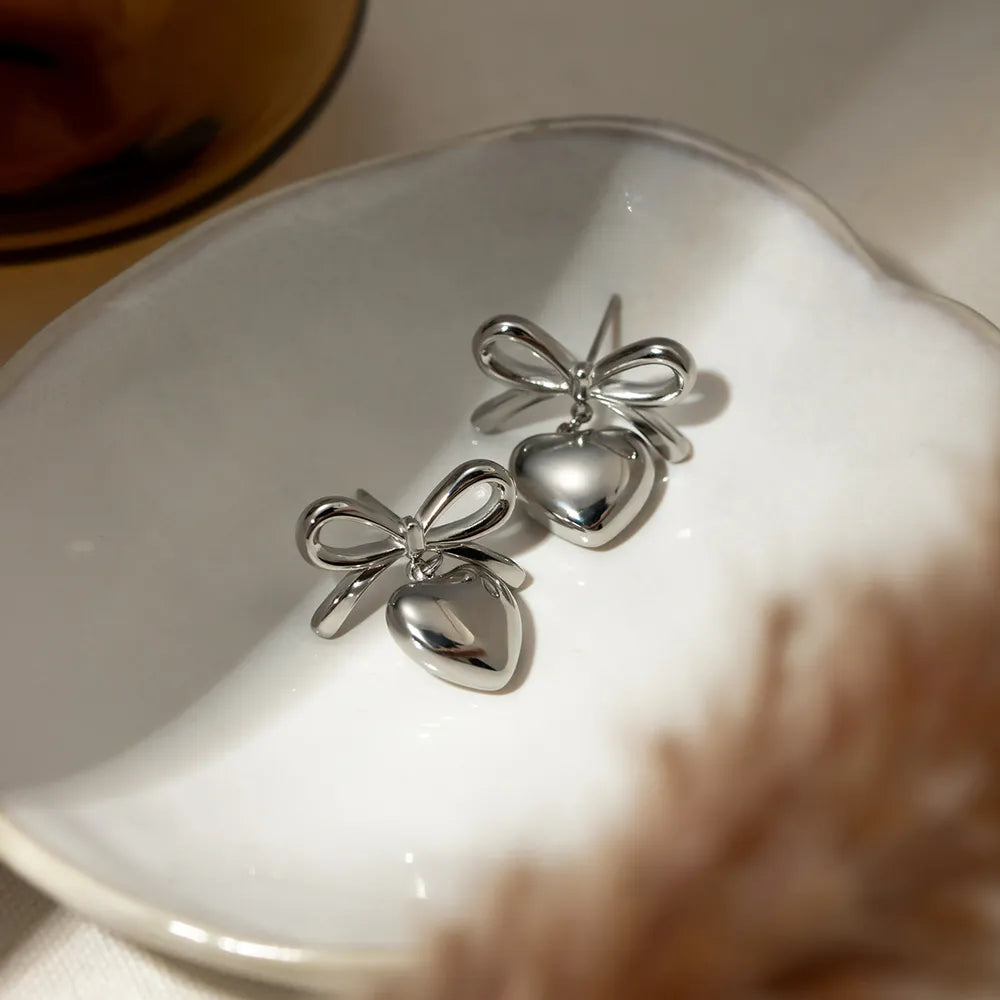 Stainless Steel Bow & Heart Drop Earrings OutfitFlow