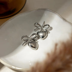 Stainless Steel Bow & Heart Drop Earrings OutfitFlow