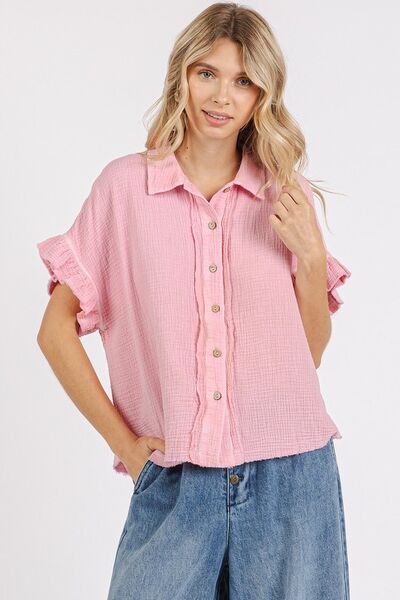 Mittoshop Mineral Washed Button Down Flounce Sleeve Shirt OutfitFlow
