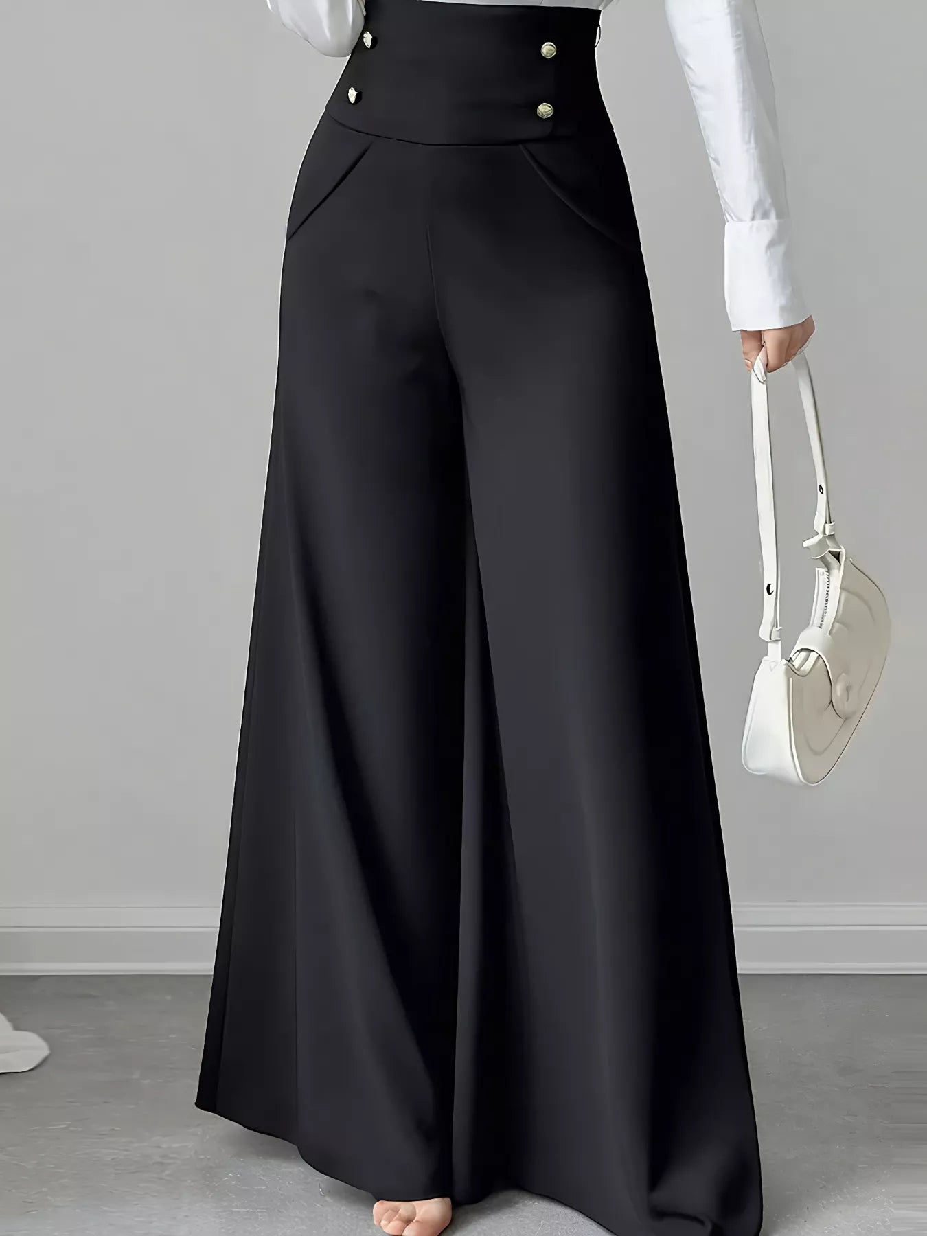 High Waist Wide Leg Button Decor Pants Black OutfitFlow