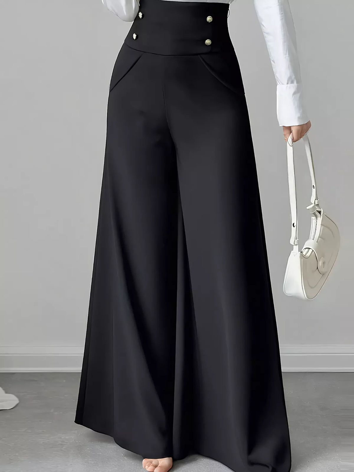 High Waist Wide Leg Button Decor Pants Black OutfitFlow
