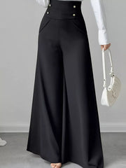 High Waist Wide Leg Button Decor Pants Black OutfitFlow