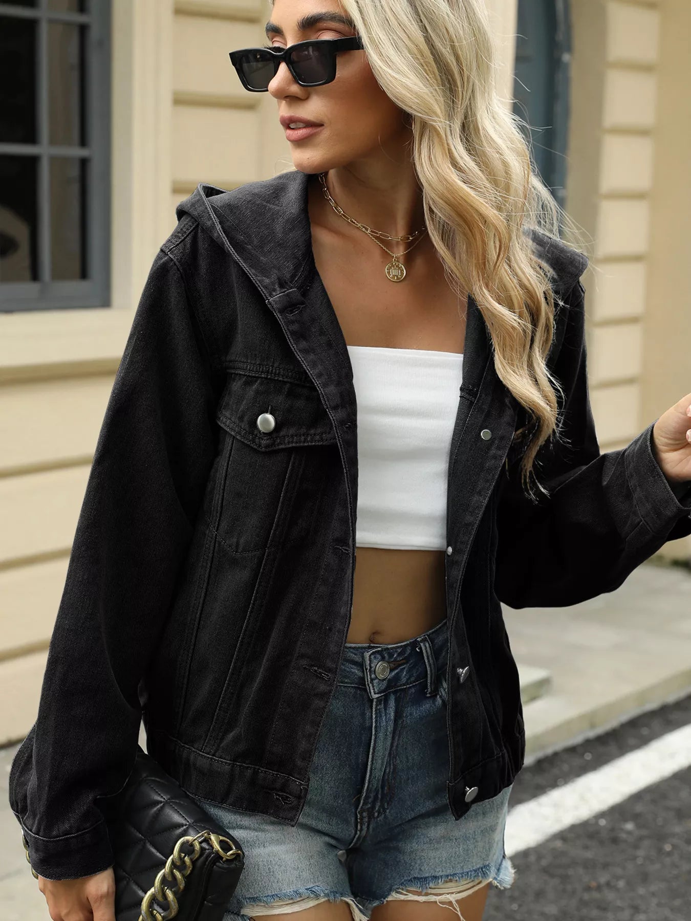 Washed Button Up Hooded Denim Jacket OutfitFlow