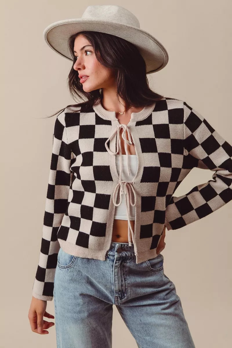 SO ME Tie Front Checkered Knitted Round Neck Cardigan Trendsi