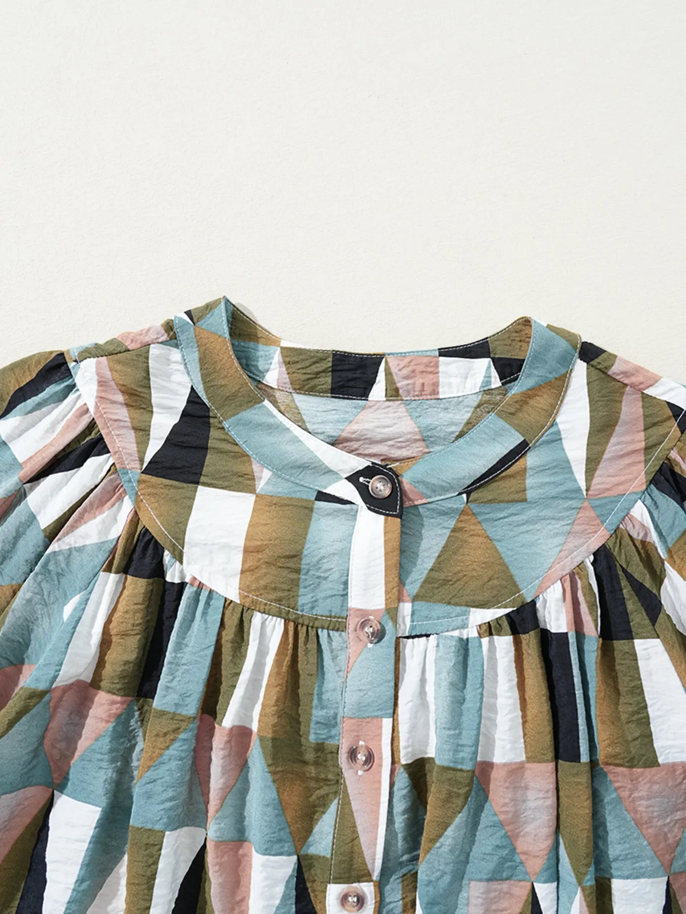 Geometric Print Buttoned Balloon Sleeve Loose Fit Shirt OutfitFlow