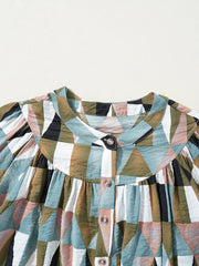 Geometric Print Buttoned Balloon Sleeve Loose Fit Shirt OutfitFlow