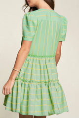 Stripe V Neck Short Sleeve Frilled Detail Dress OutfitFlow
