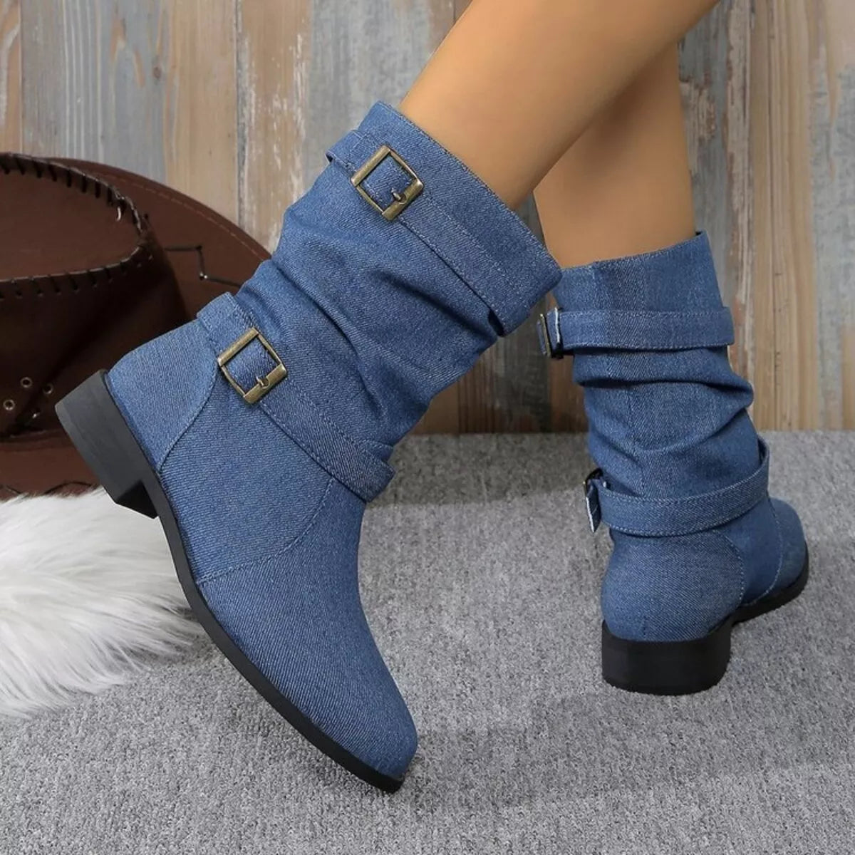 Buckle Accent Block Heel Boots Trendsi