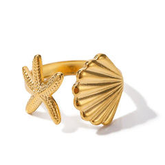 18K Gold-Plated Seashell Starfish Open Ring OutfitFlow