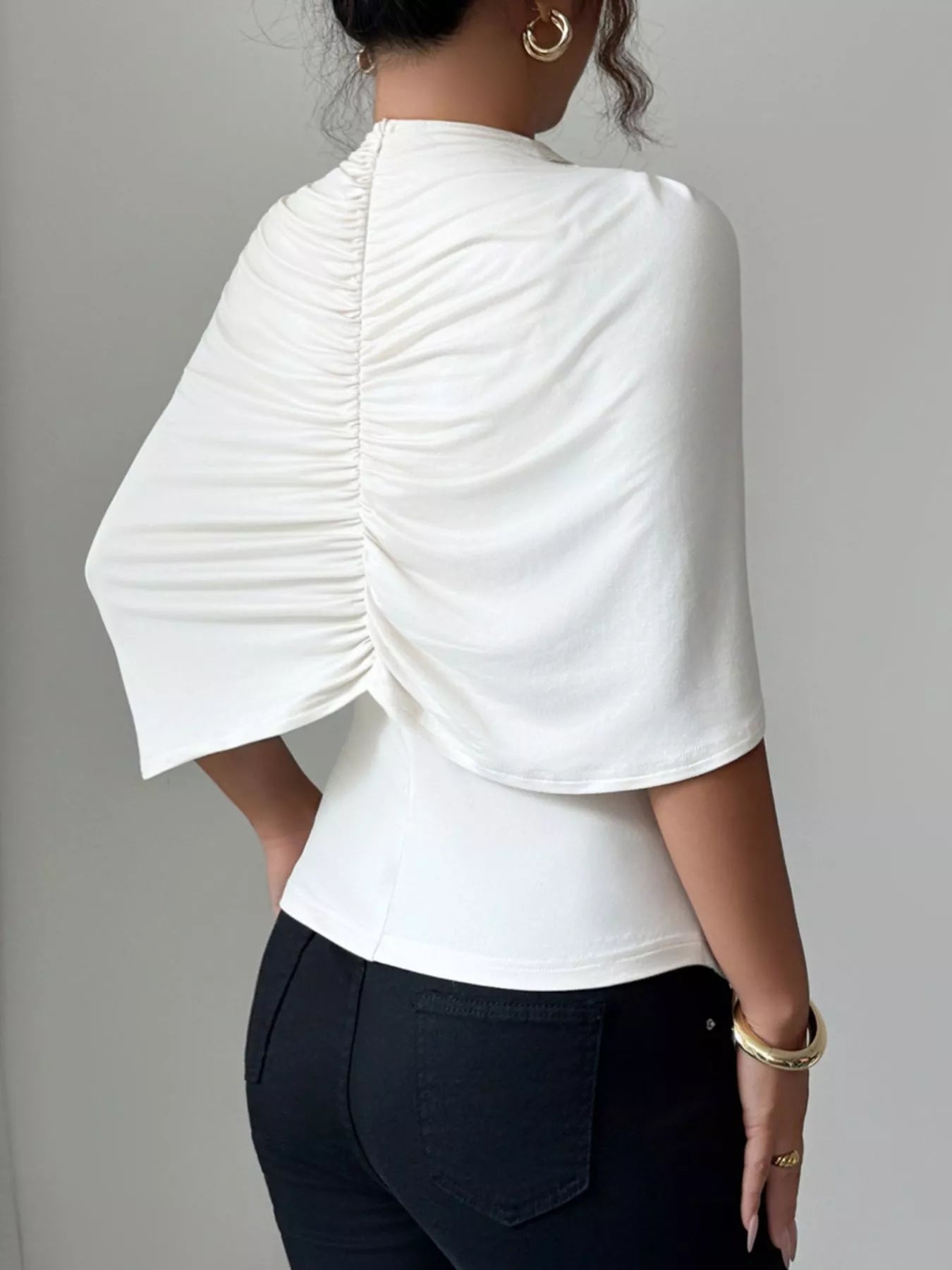 Ruched Mock Neck Shawl Half Sleeve Top OutfitFlow