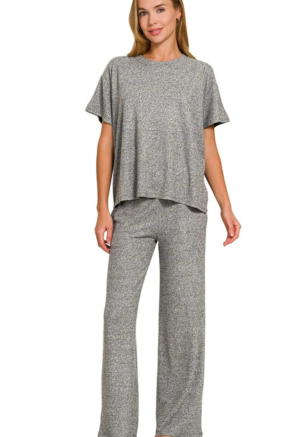 Zenana Soft Melange Short Sleeve Tee & Long Pants Set OutfitFlow