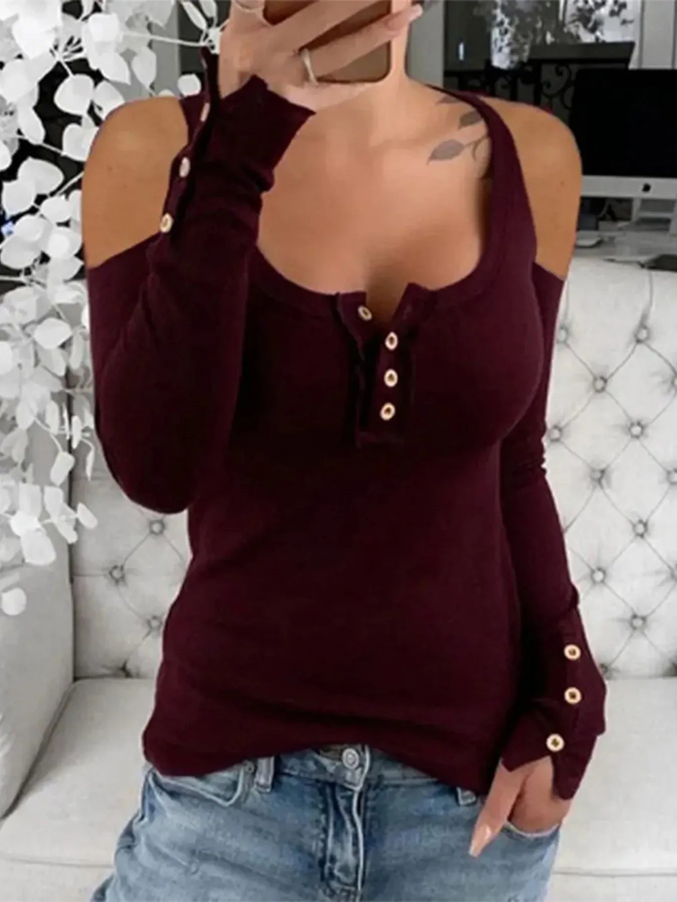 Cold Shoulder Ribbed Henley T-Shirt with Button Detail Burgundy OutfitFlow