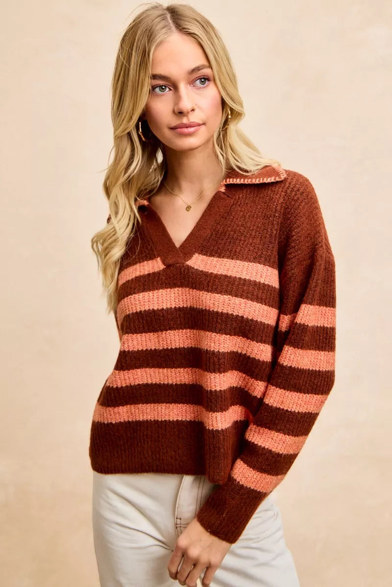 BiBi Striped Sweater Top with Collar Stitched Details Trendsi