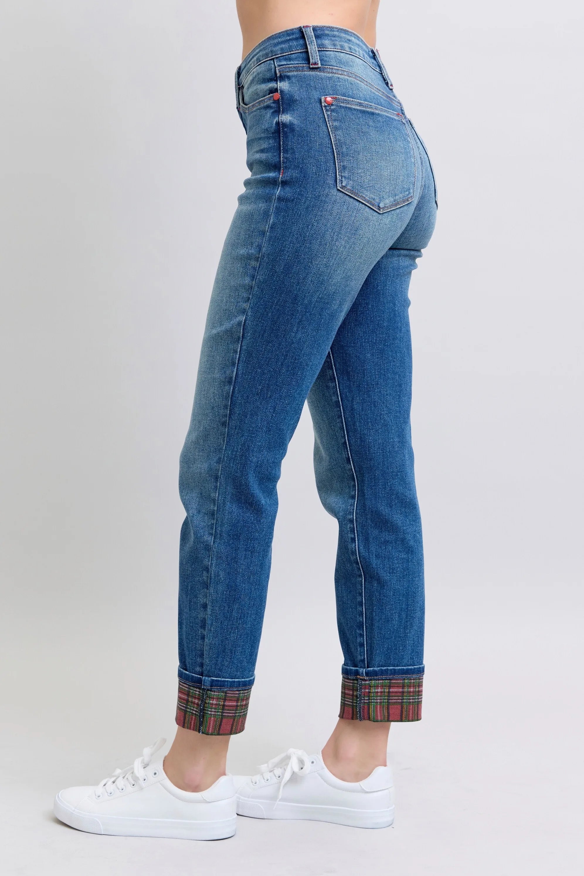 Judy Blue Full Size Mr Plaid Print Cuff Bf Jeans Plus Size OutfitFlow