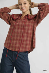 Umgee Full Size Plaid Ruffle Collar Blouse Plus Size Rust Trendsi