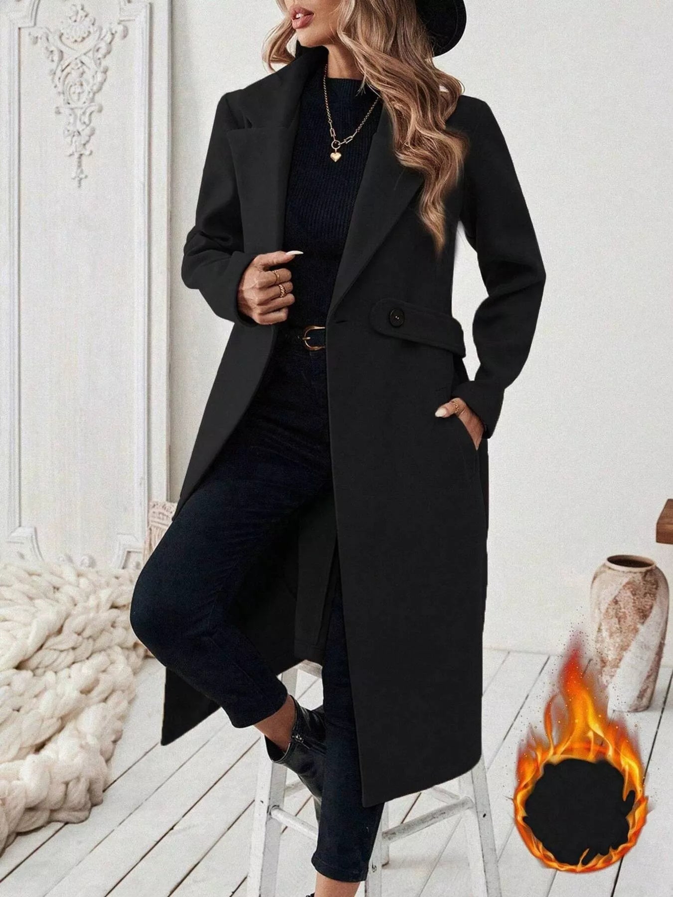 One Button Wool Blend Overcoat Black OutfitFlow