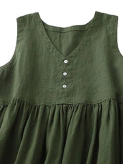 V-Neck Button Detail Sleeveless Midi Dress OutfitFlow