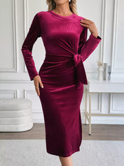 Velvet Slit Round Neck Long Sleeve Dress with Side Tie Detail OutfitFlow