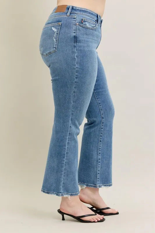 Judy Blue Full Size Mid Rise Wash Destroy Hem Bootcut Jeans Plus Size OutfitFlow