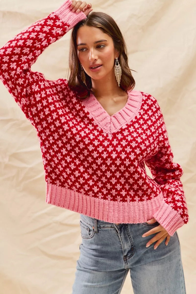 SO ME Color Block Textured Christmas Sweater V Neck Top OutfitFlow