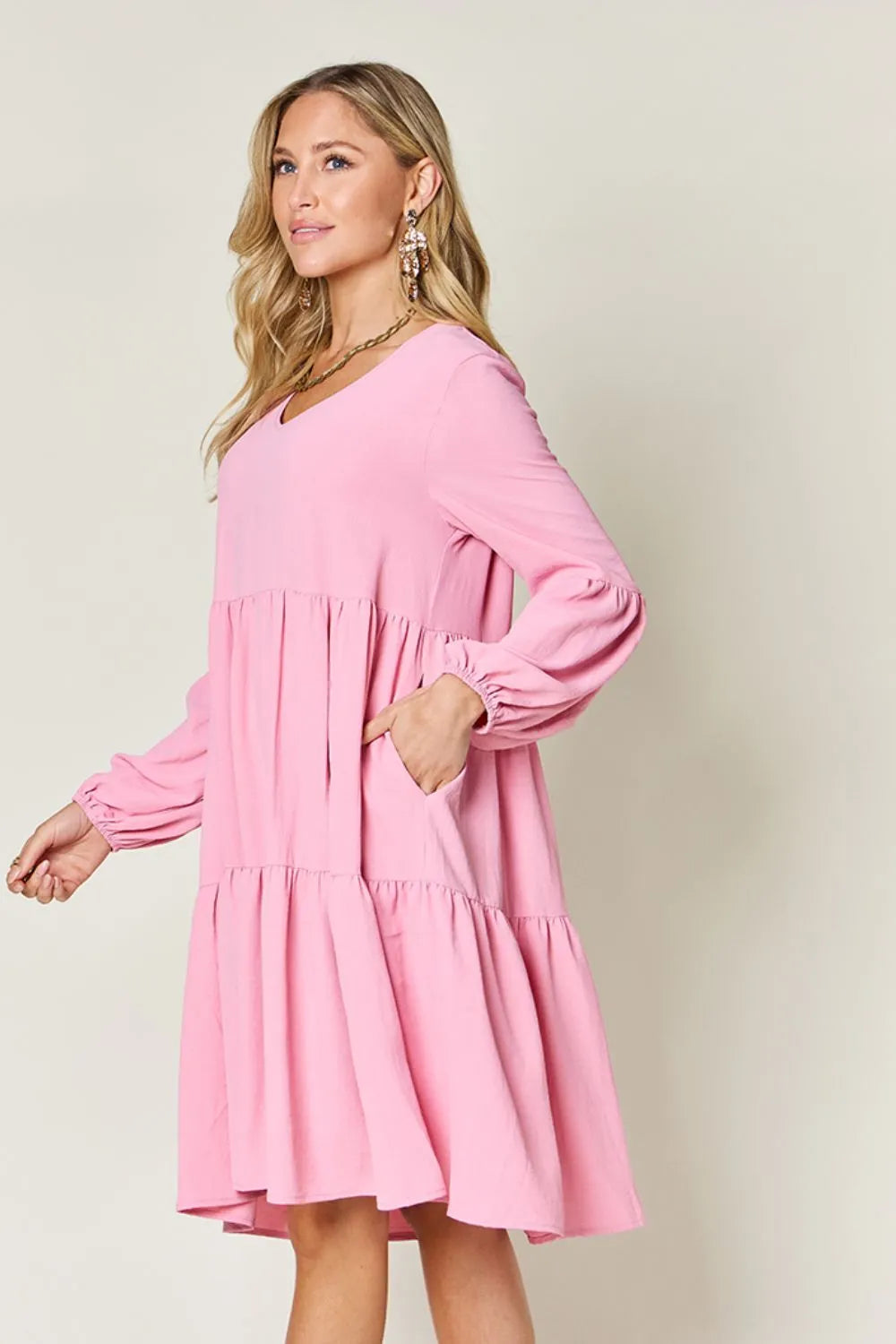 Double Take Full Size V-Neck Balloon Sleeve Tiered Dress with Pockets OutfitFlow