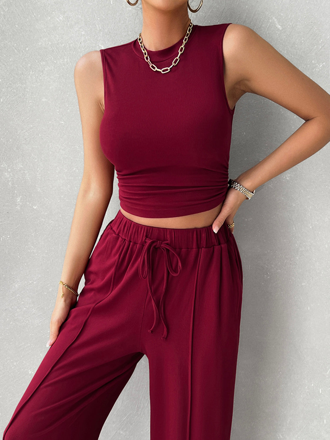 Devine Mock Neck Sleeveless Top and Drawstring Pants Set Burgundy OutfitFlow