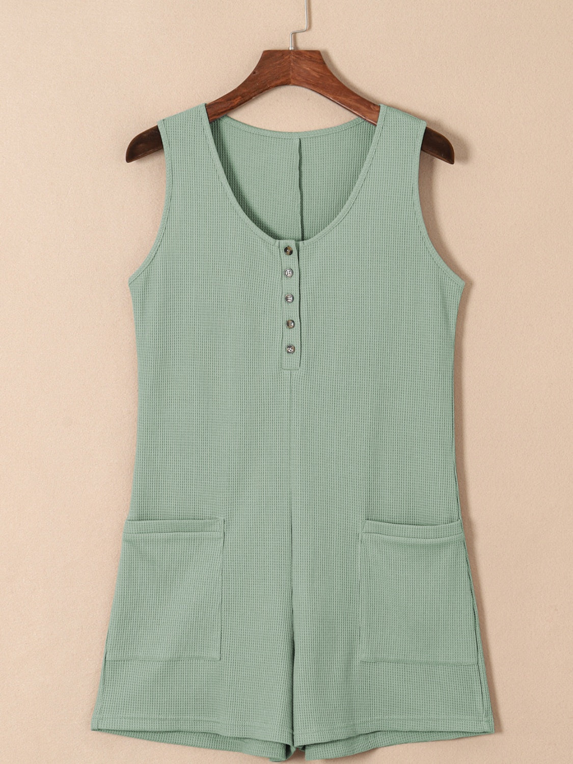 Outfit Flow - Waffle-Knit Half Button Sleeveless Romper with Pockets