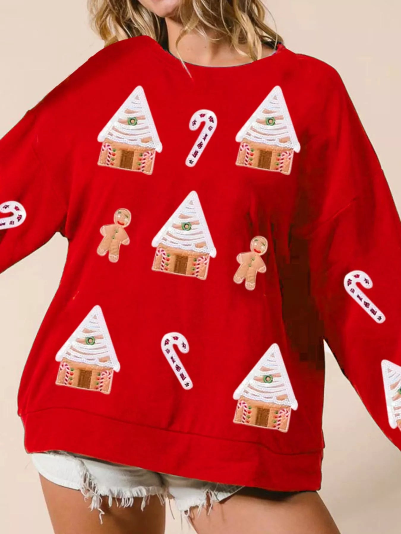 Christmas Gingerbread House Sequin Sweatshirt Red OutfitFlow