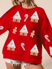Christmas Gingerbread House Sequin Sweatshirt Red OutfitFlow