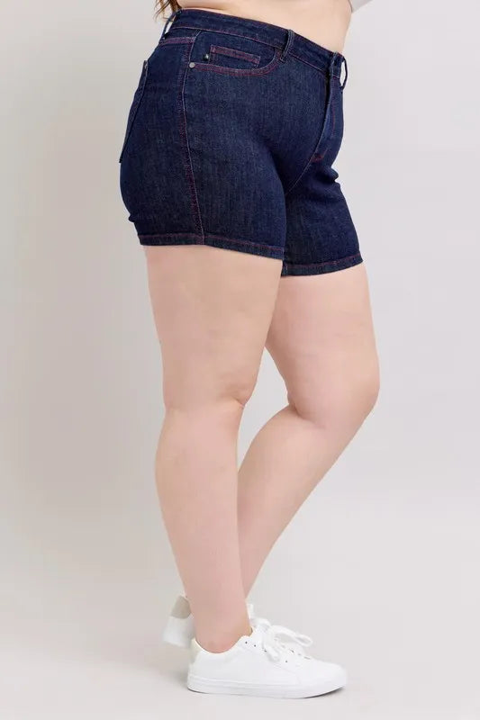Judy Blue Full Size High Waist Heart Shaped Pkts & Red Contrast Thread Denim Shorts Plus Size OutfitFlow