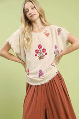 Umgee Linen Blend Embroidered Frayed Hem Top OATMEAL OutfitFlow
