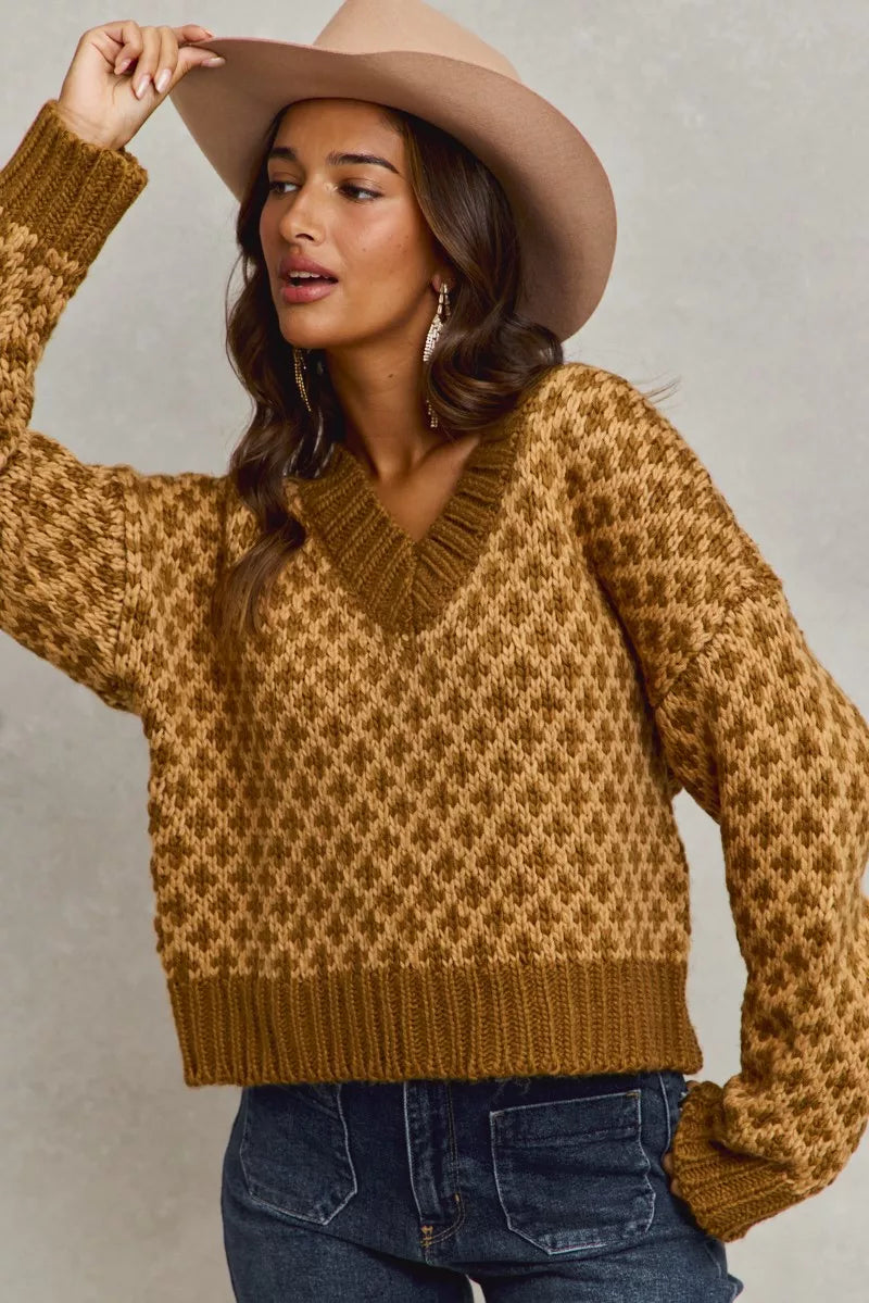 SO ME Color Block Textured Christmas Sweater V Neck Top OutfitFlow