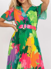 Printed Pleated Midi Wrap Dress with Belt OutfitFlow