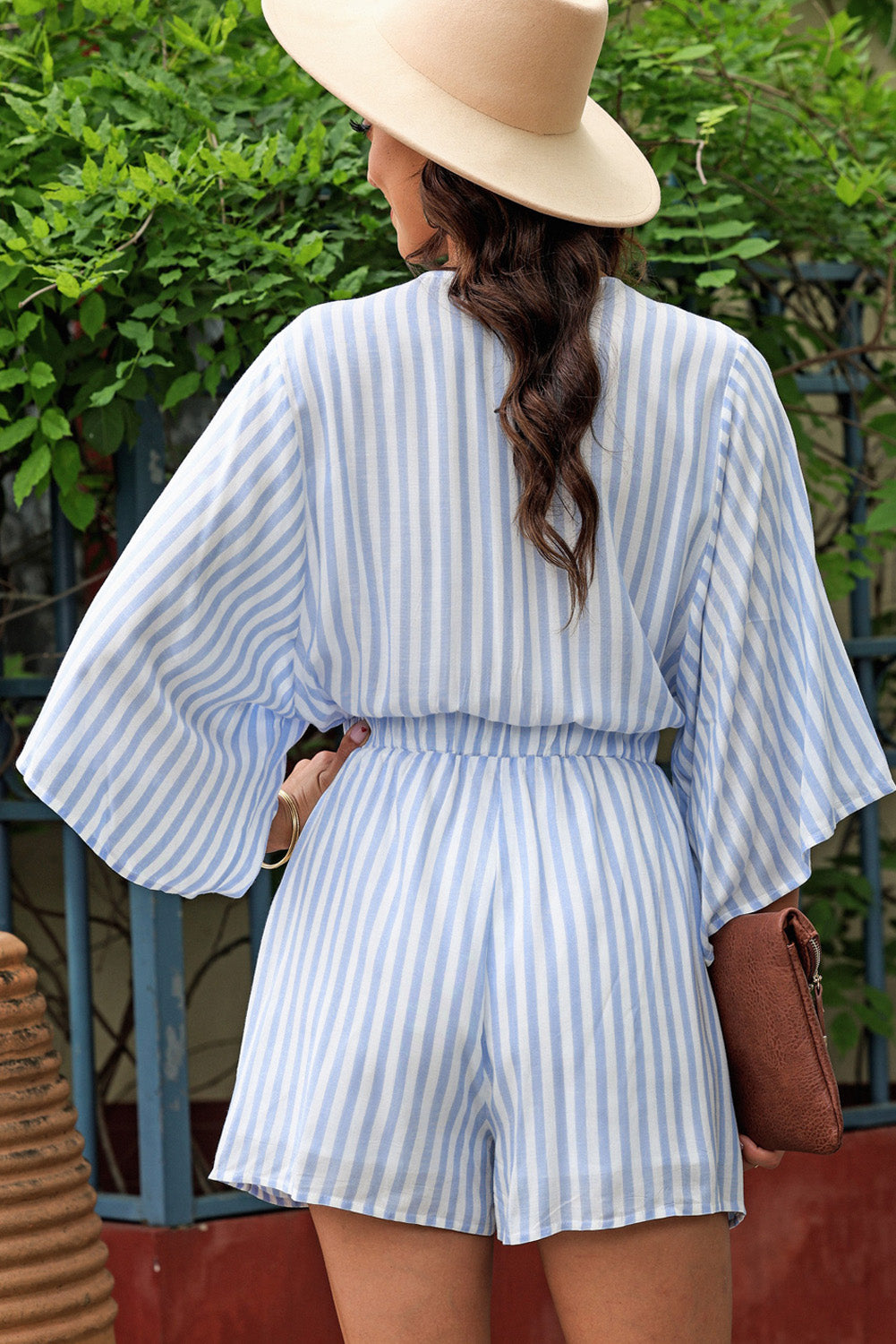 Outfit Flow - Tied Striped Three-Quarter Sleeve Romper