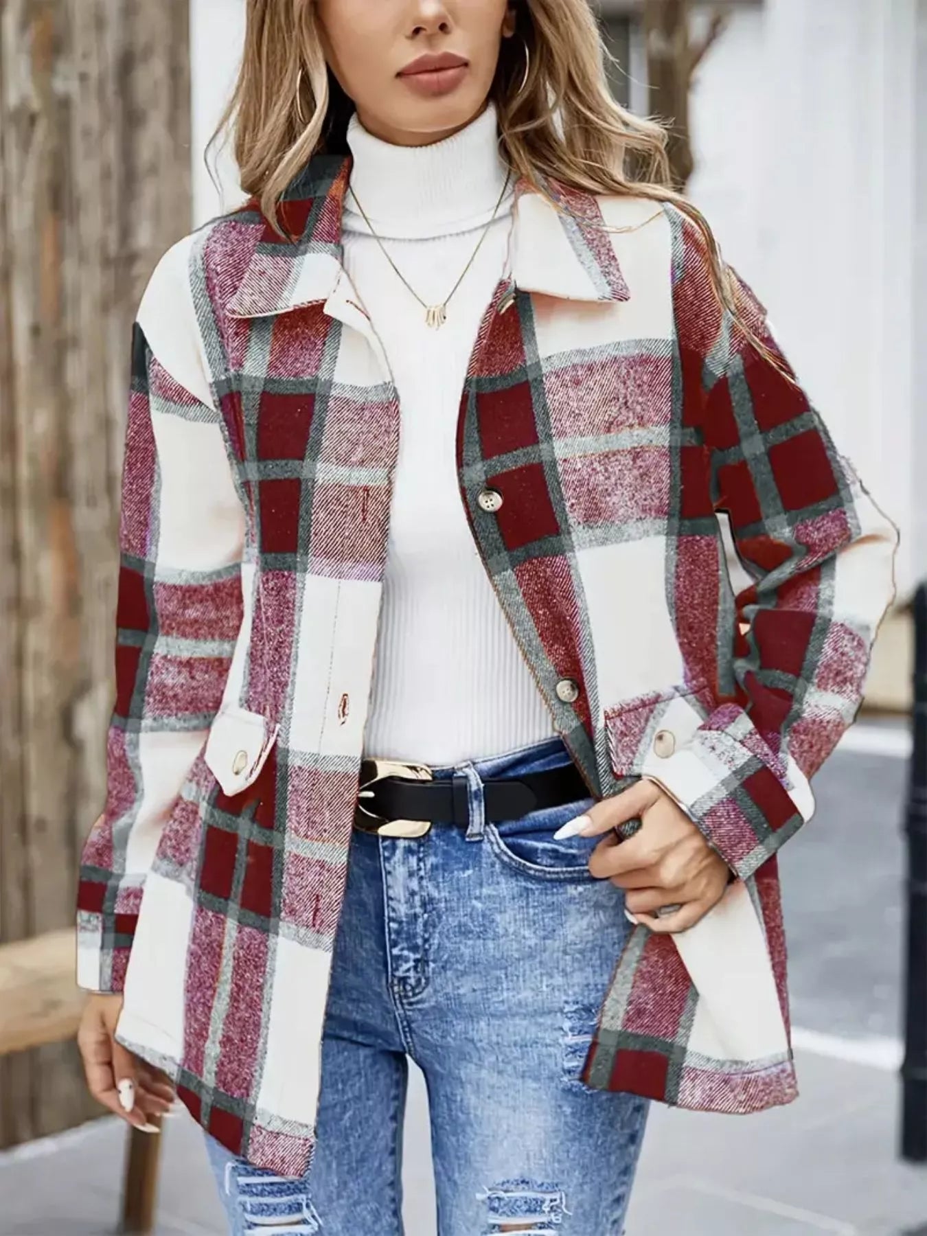 Plaid Button-Up Long Sleeve Shacket Burgundy OutfitFlow