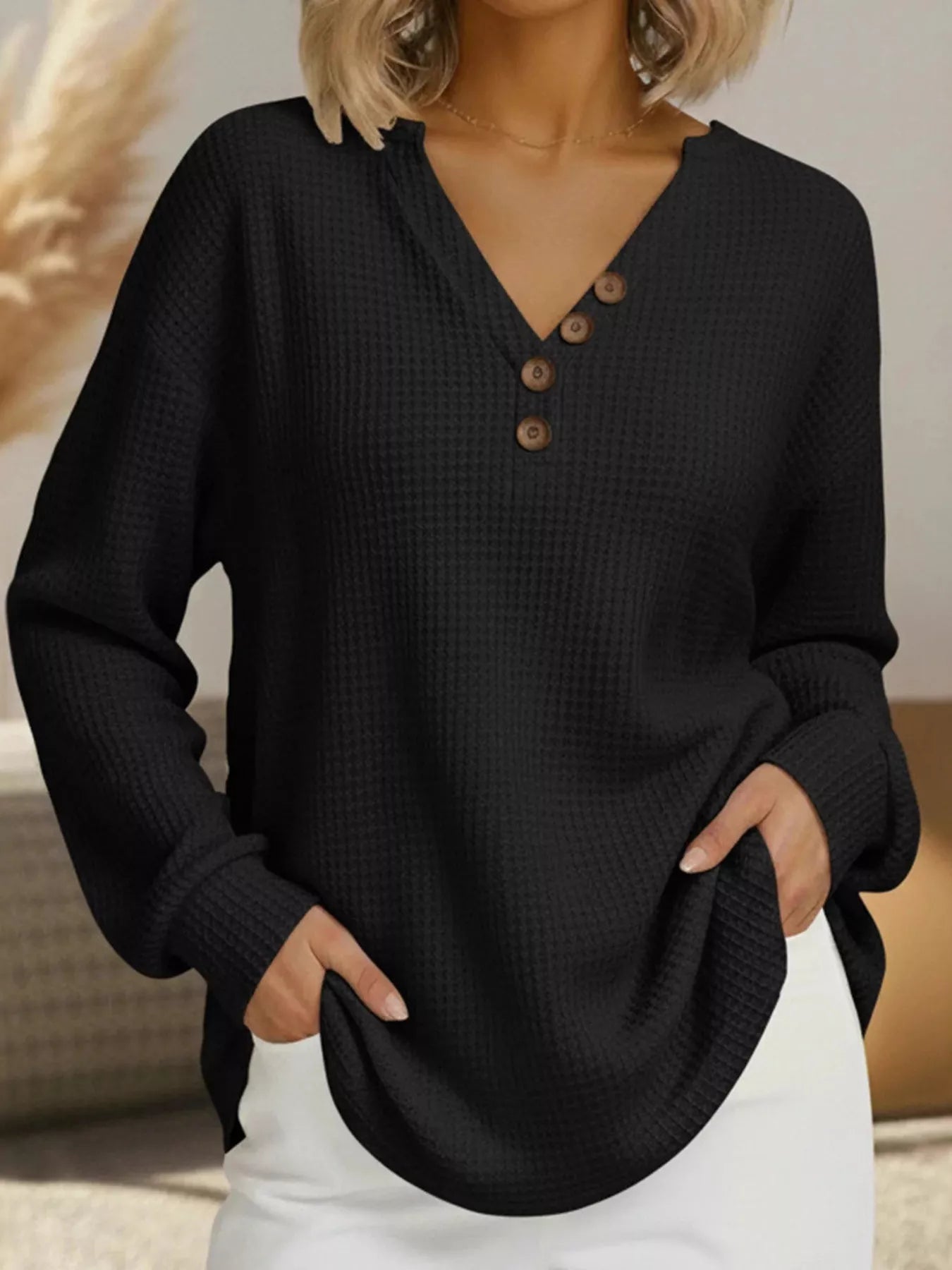 Full Size Casual Waffle Knit V-Neck Long Sleeve T-Shirt Plus Size Black OutfitFlow
