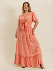 Plus Size Lace Detail Tie Neck Top and Skirt Set OutfitFlow