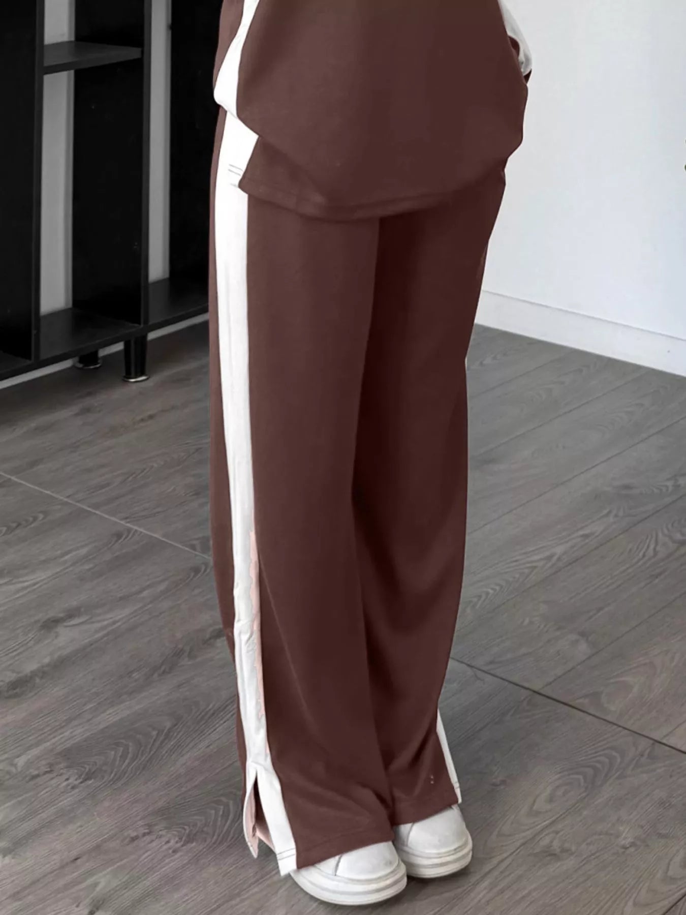 Full Size Contrast Round Neck Top and Pants Set Plus Size OutfitFlow