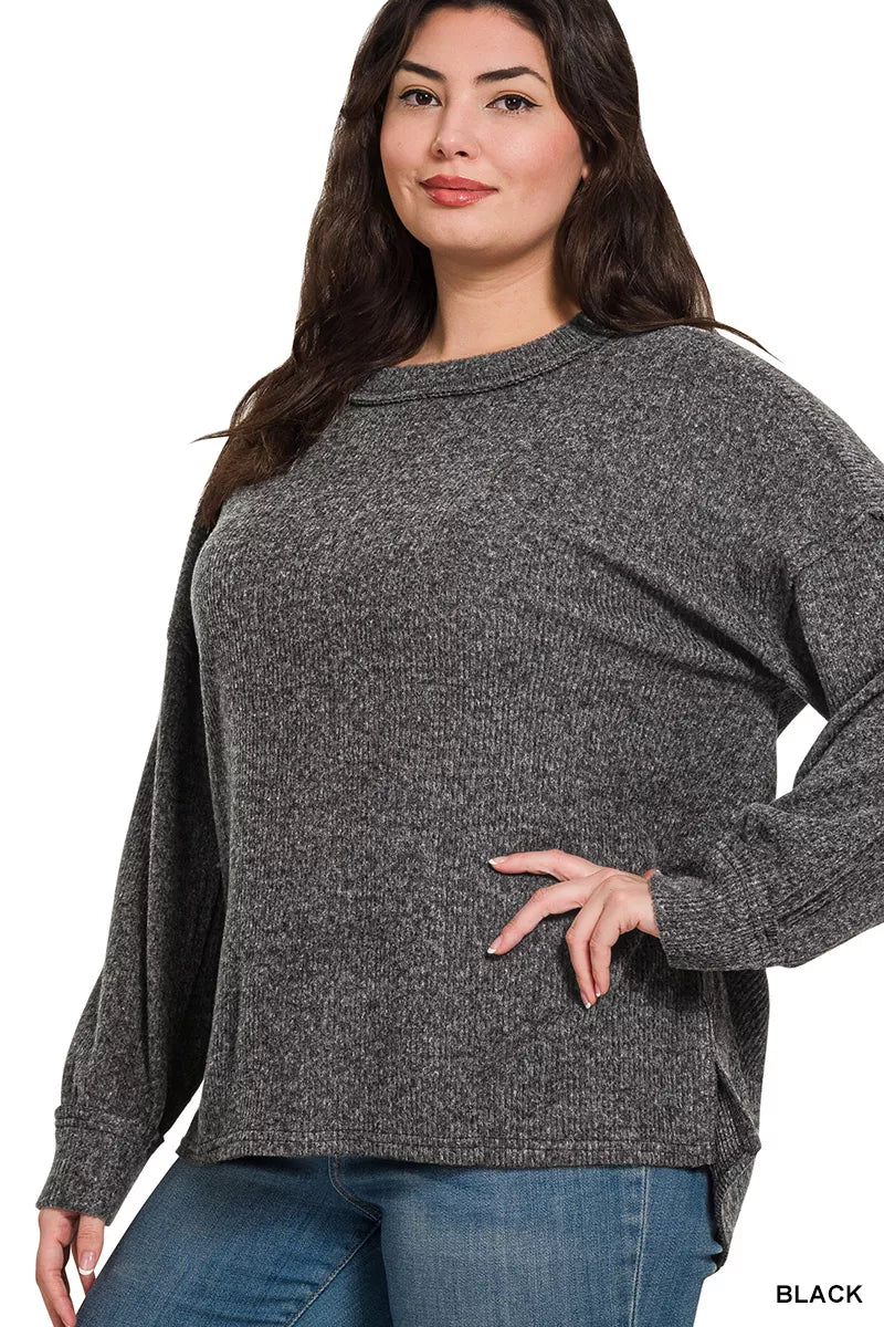 Zenana Full Size Brushed Ribbed Hacci Drop Shoulder Sweater Plus Size Trendsi