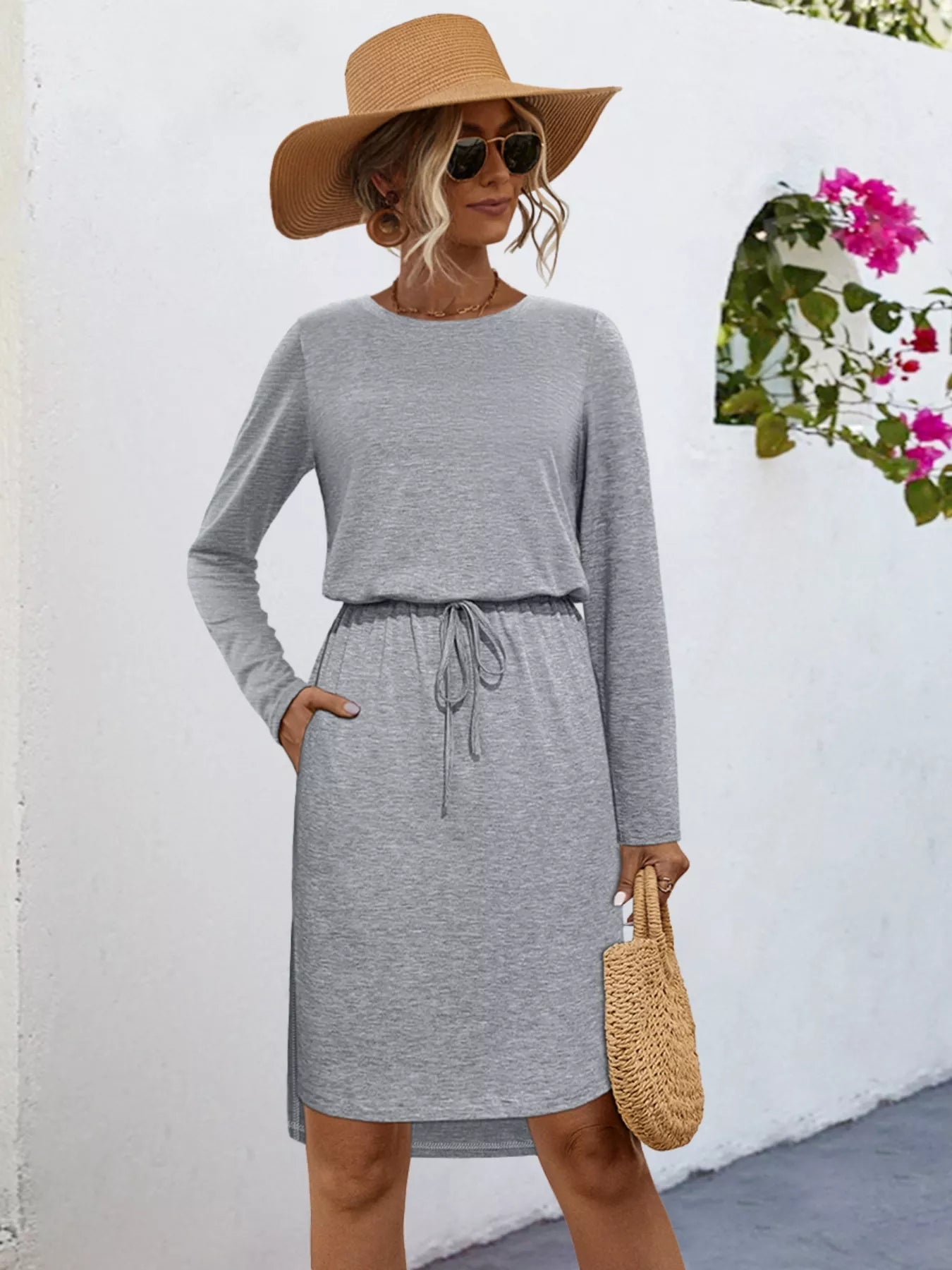 Long Sleeve Drawstring Midi Dress Gray OutfitFlow