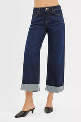 RISEN Mid Rise Fit Ankle Wide Roll Up Jeans DARK OutfitFlow
