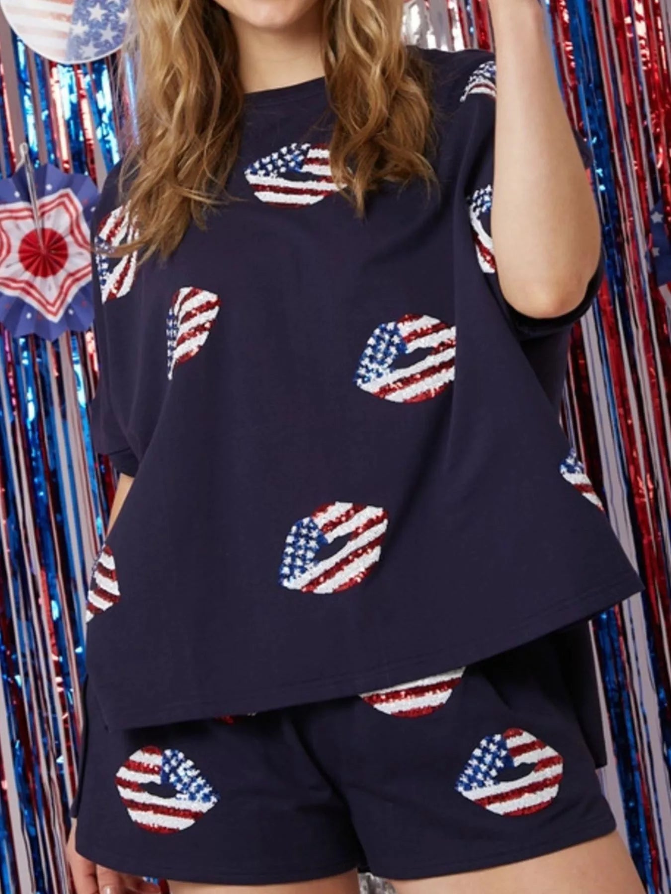Sequin High-Low Top and Shorts Set Dark Blue OutfitFlow