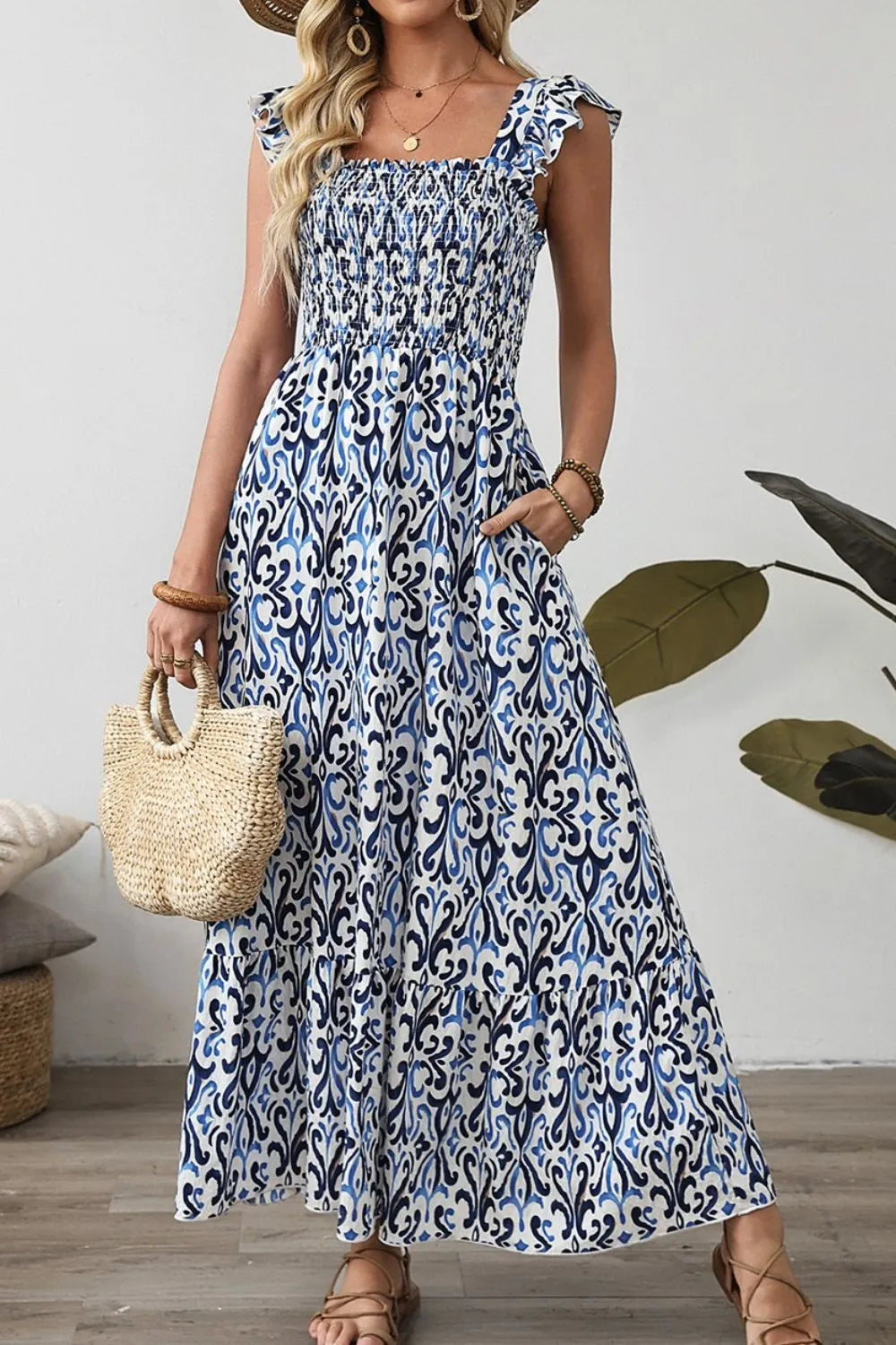 Smocked Printed Square Neck Dress OutfitFlow