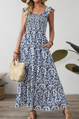 Smocked Printed Square Neck Dress OutfitFlow