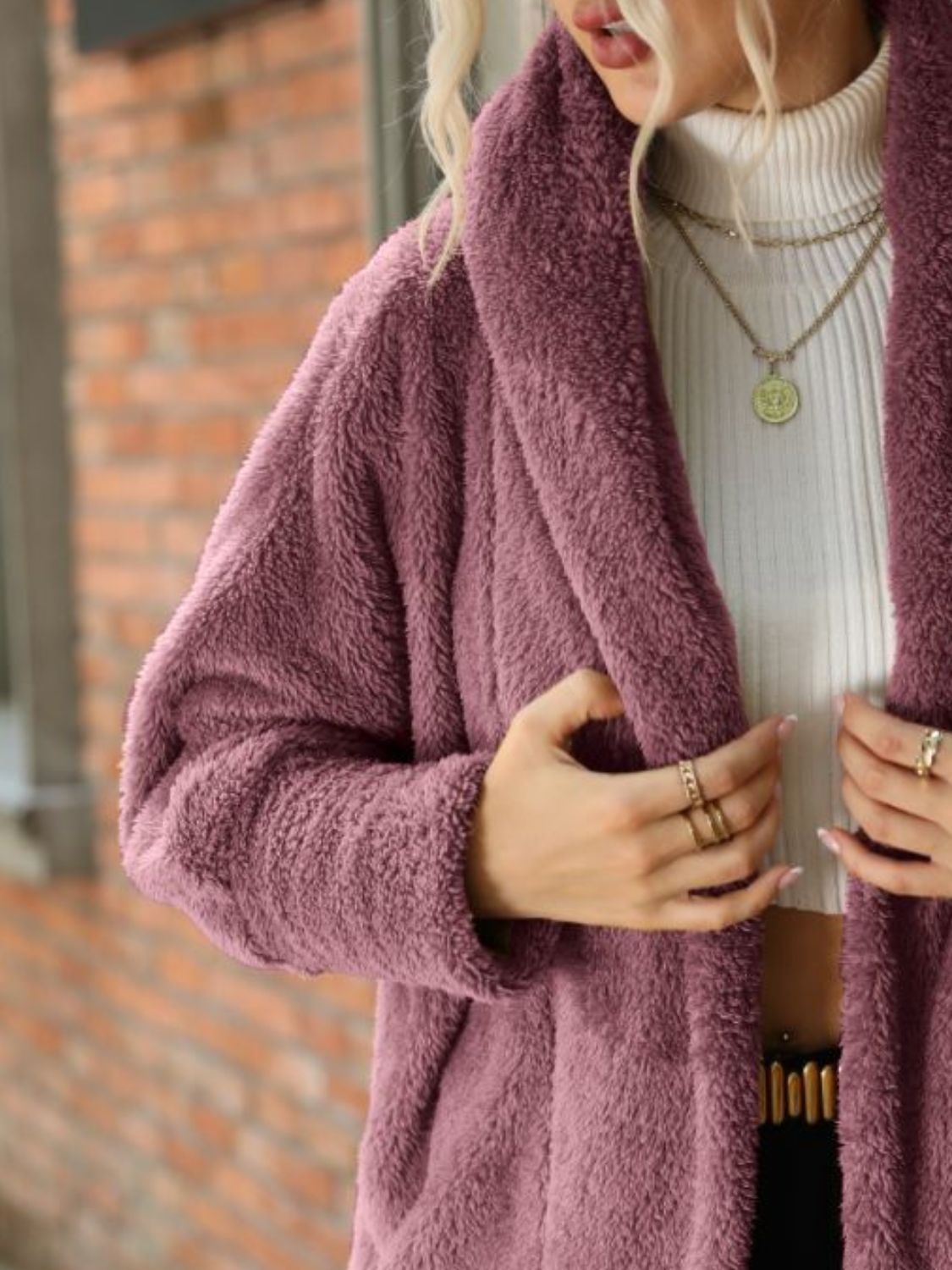 Open Front Hooded Teddy Coat OutfitFlow