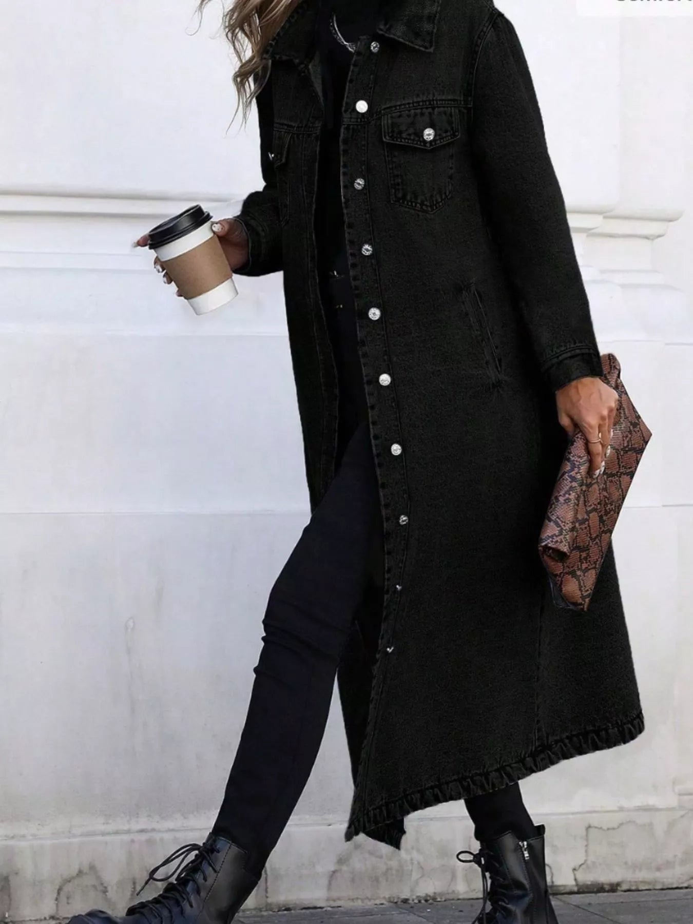 Longline Button-Front Denim Jacket OutfitFlow