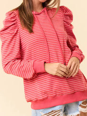 Striped Puff Sleeve Hoodie with Drawstring OutfitFlow