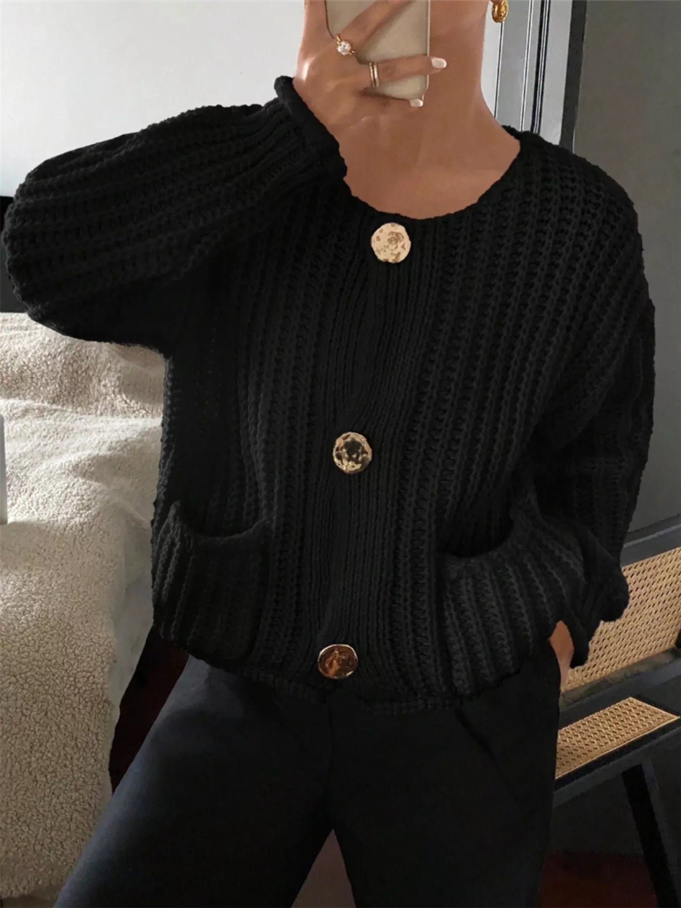 Button Up Dropped Shoulder Cardigan OutfitFlow